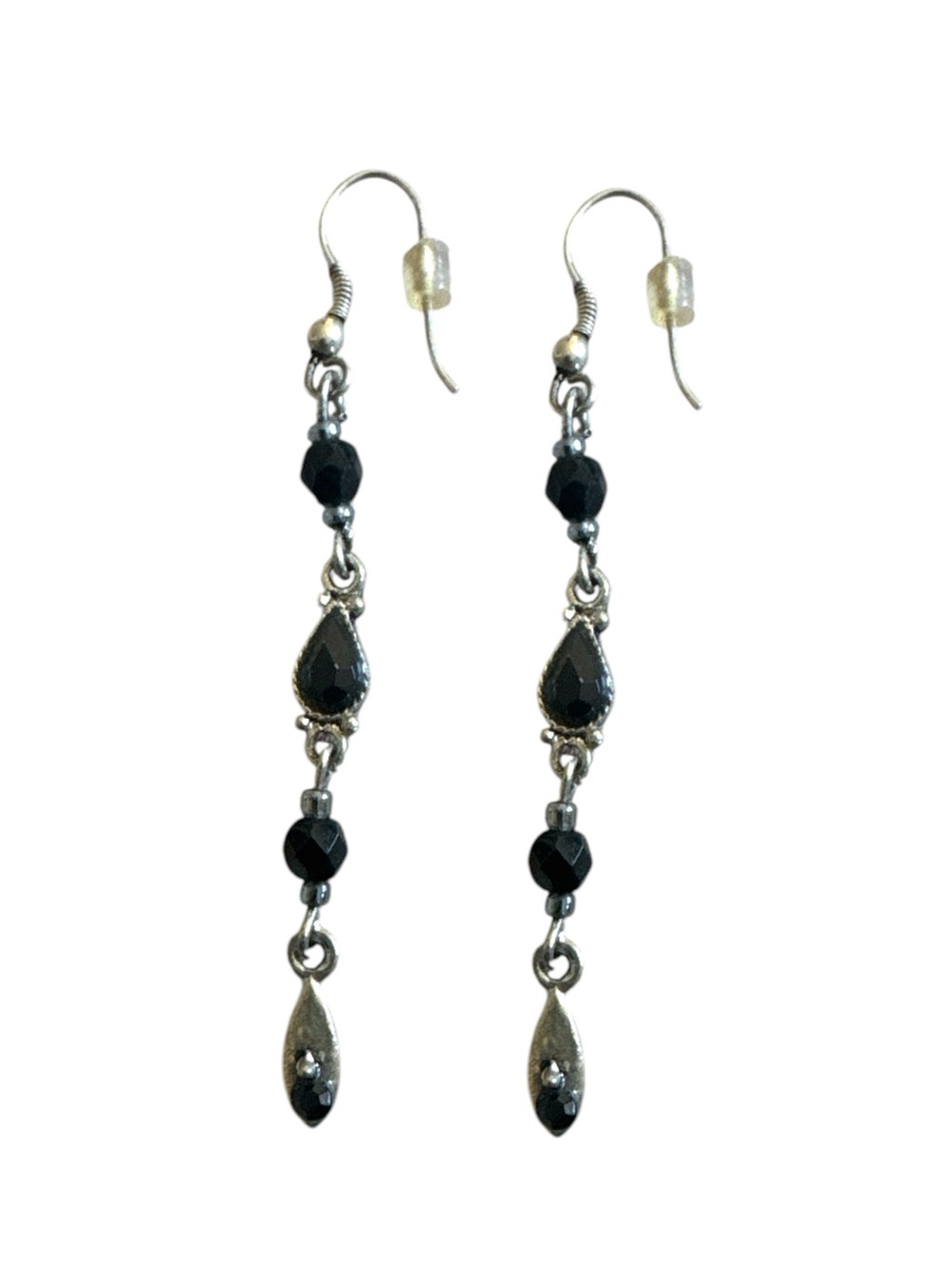 HANDCRAFTED Upcycled Black Glass Teardrop Filigree Earrings